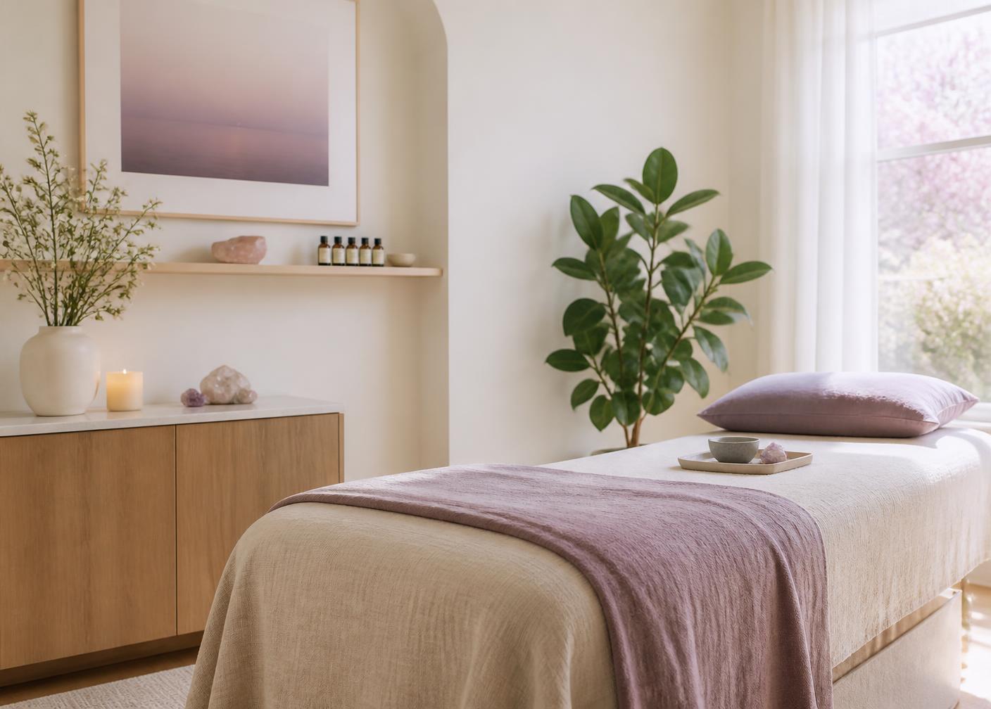 Calm treatment room with linen-draped table